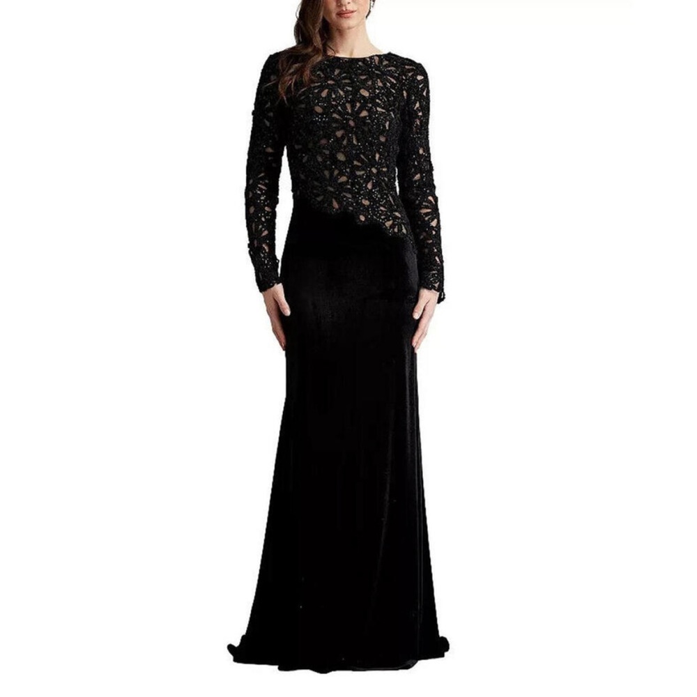 TADASHI SHOJI Sinnott Chenille Embroidered Gown in BLack/nude Size 2 1629